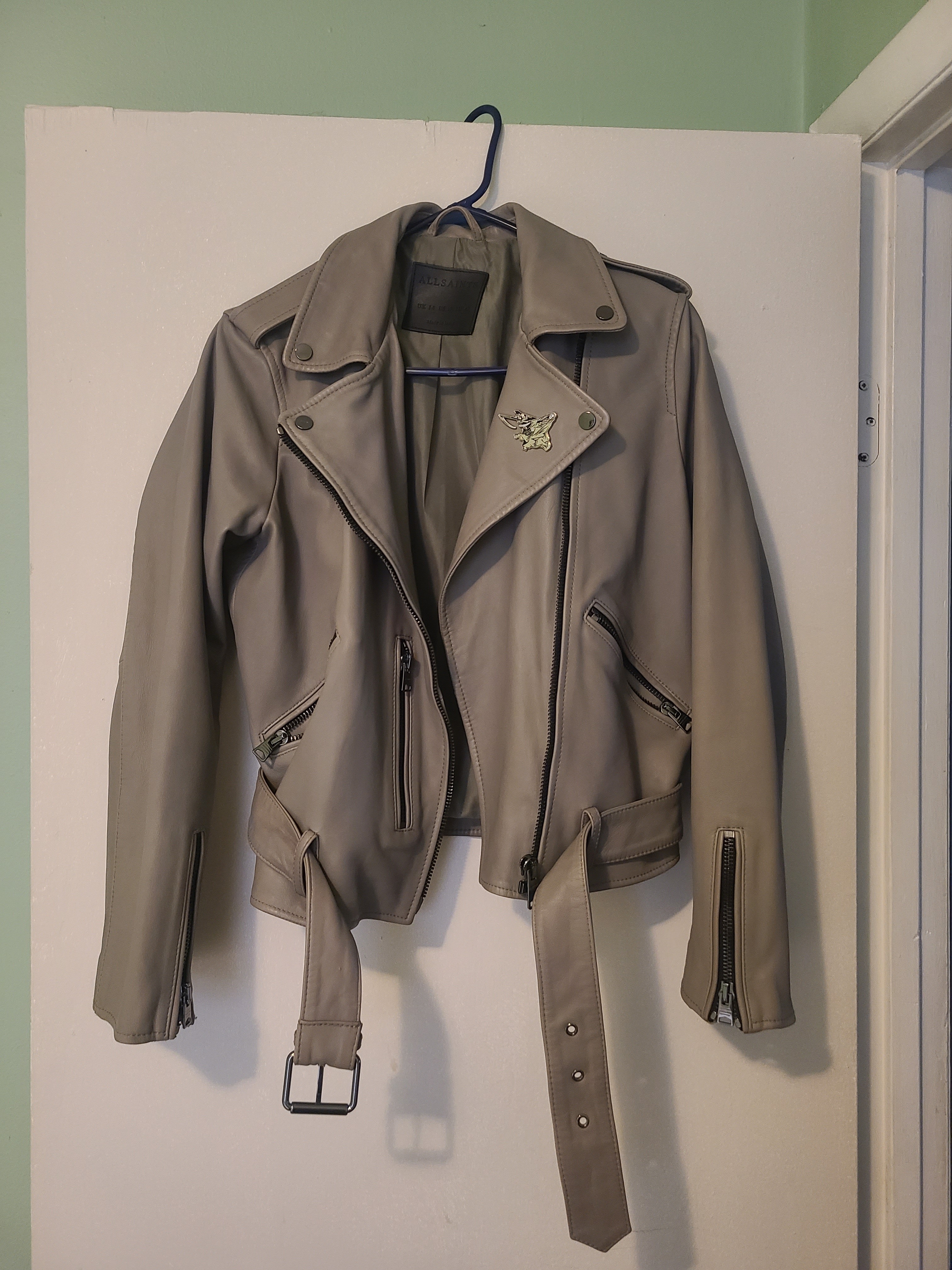All Saints Balfern Grey Leather Moto Jacket With Belted Waist